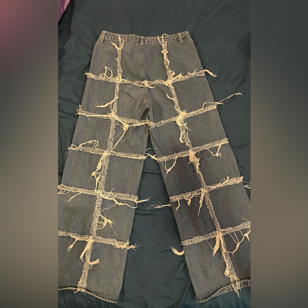 Blue Straight Jeans with Distressed Design